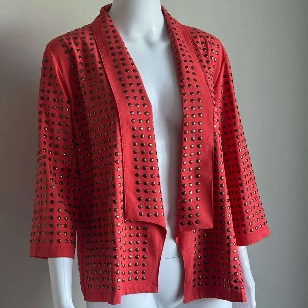 Y2K Studded Embellished Open Front Cardigan Coral